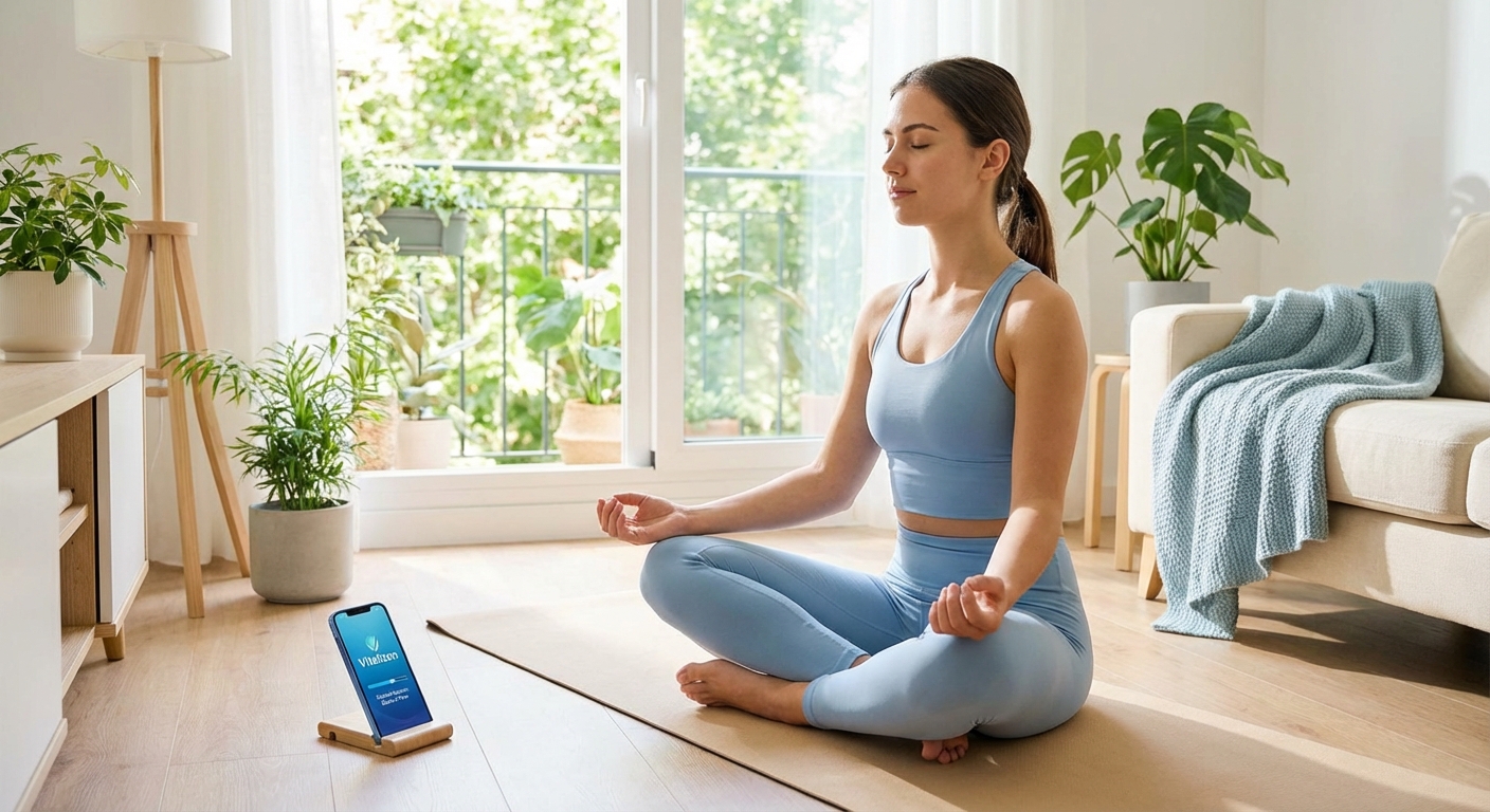Jovem mulher praticando yoga na sala de casa, demonstrando como começar a praticar yoga de forma acessível e relaxante em 2026.