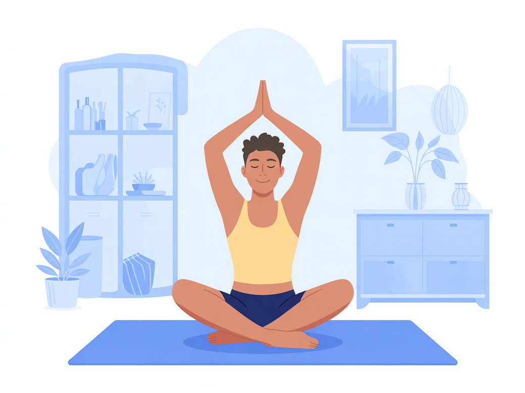 Mulher iniciando sua jornada no yoga, praticando em casa em um ambiente calmo, demonstrando como começar a praticar yoga.