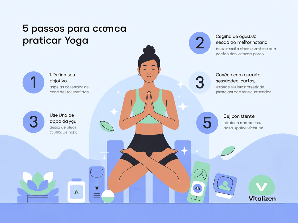 Infográfico com 5 passos para começar a praticar yoga: definir objetivo, escolher horário, começar com sessões curtas, usar um app e ser consistente.