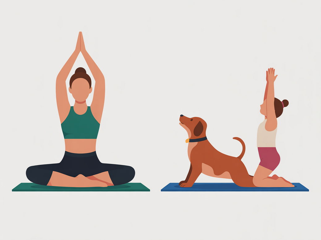 Ilustração de posturas de yoga para iniciantes como a Postura da Montanha e a Postura do Cachorro Olhando para Baixo.