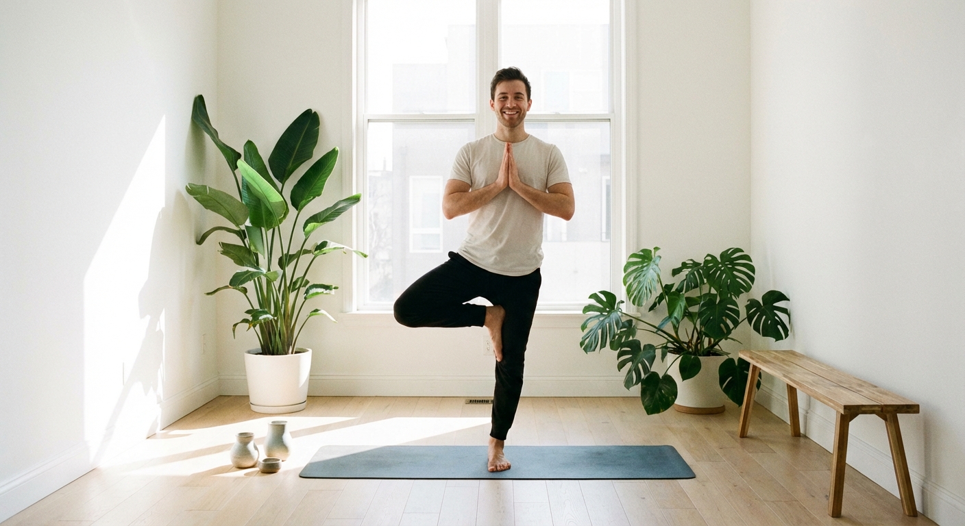 Iniciante praticando yoga em 2026