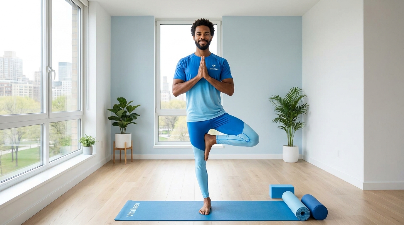 Mulher iniciante praticando yoga em casa com tapete azul, ambiente iluminado naturalmente representando como começar a praticar yoga com o Vitalizen App
