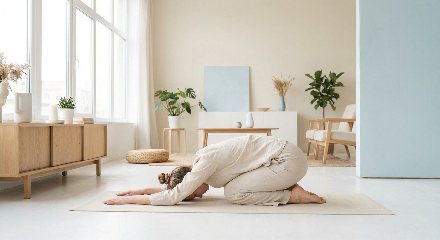 Mulher iniciante praticando yoga em casa com tapete e roupas confortáveis