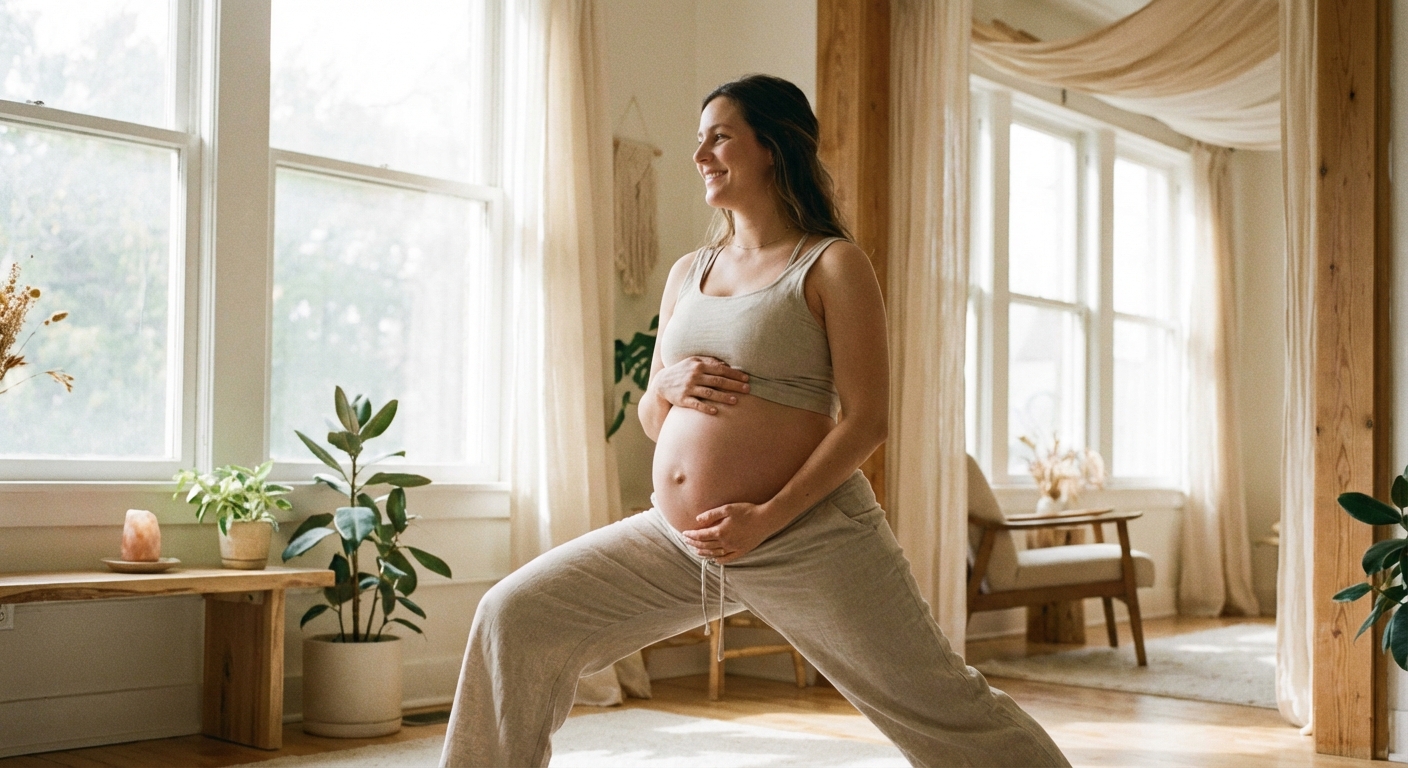 Mulher grávida praticando yoga na gravidez em ambiente tranquilo, demonstrando postura segura de alongamento