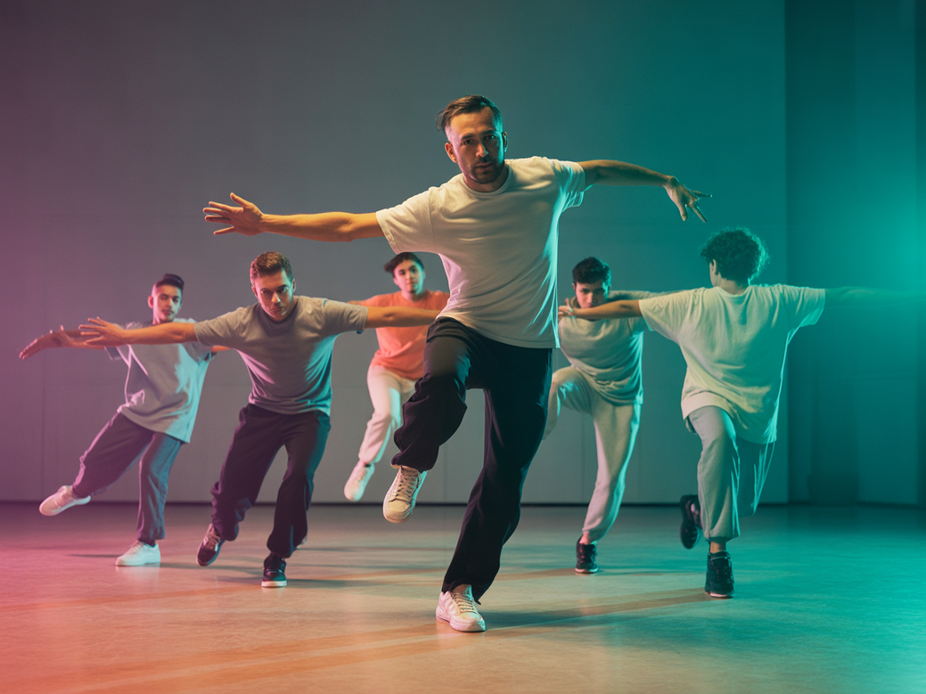 Professor de dança urbana demonstrando a forma correta de um agachamento para seus alunos em um estúdio moderno.