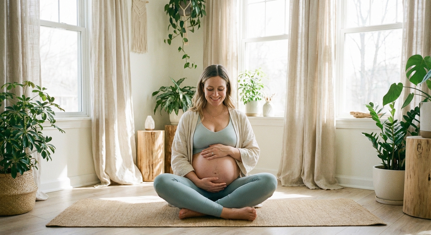 Mulher grávida praticando meditação para gestantes em ambiente tranquilo