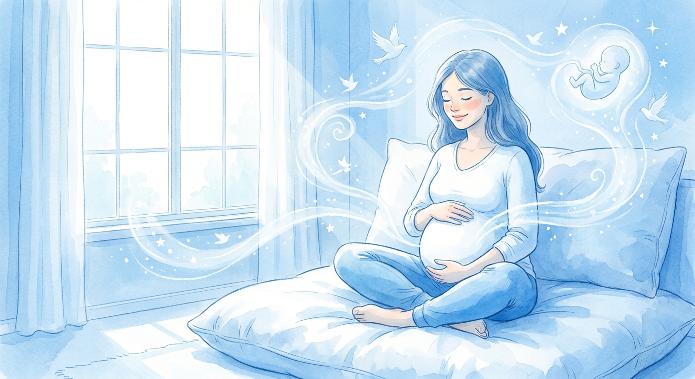 Gestante meditando sentada em almofada com as mãos sobre a barriga em ambiente tranquilo — meditação para gestantes