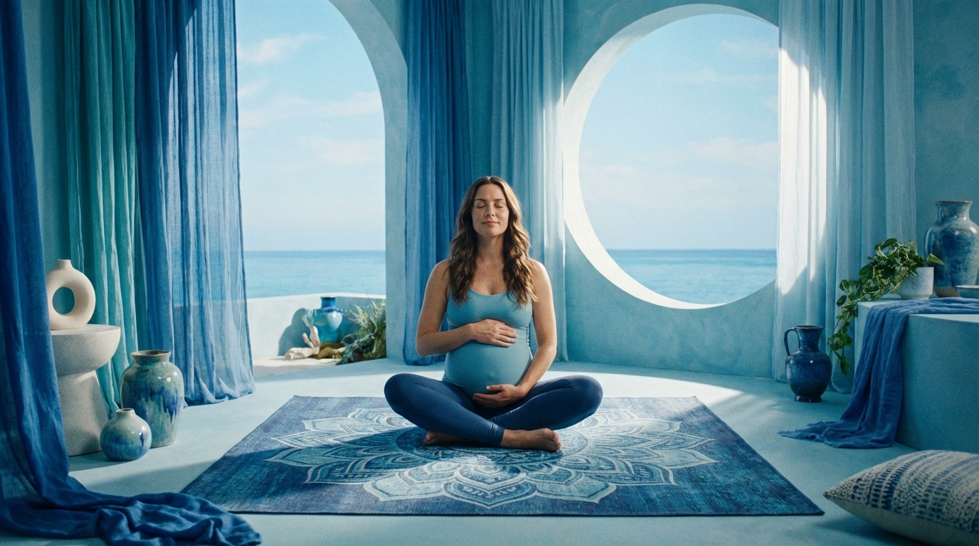 Mulher grávida meditando em ambiente tranquilo com iluminação suave