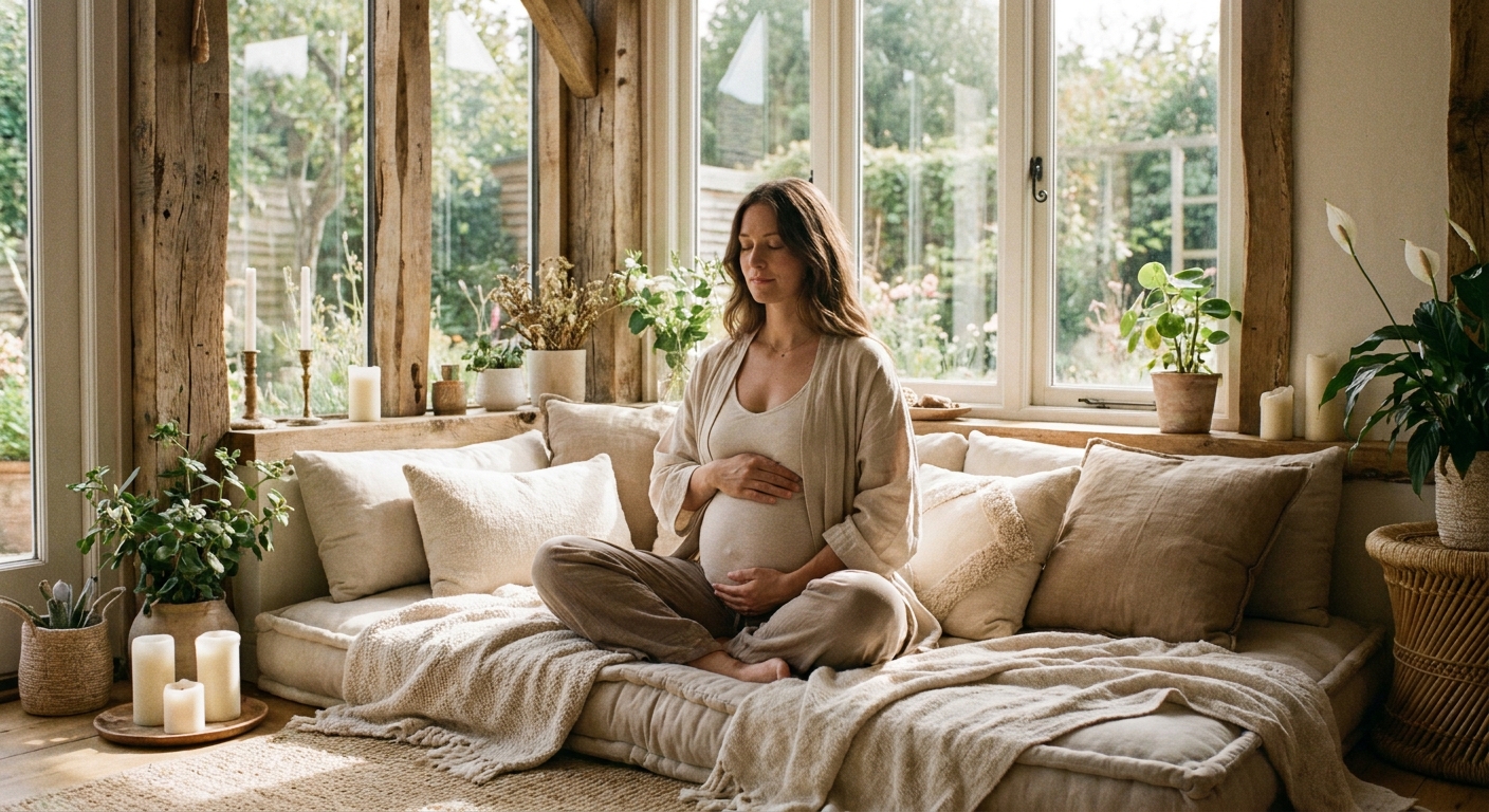 Gestante meditando em posição confortável com almofadas de apoio, demonstrando tranquilidade e conexão com o bebê.