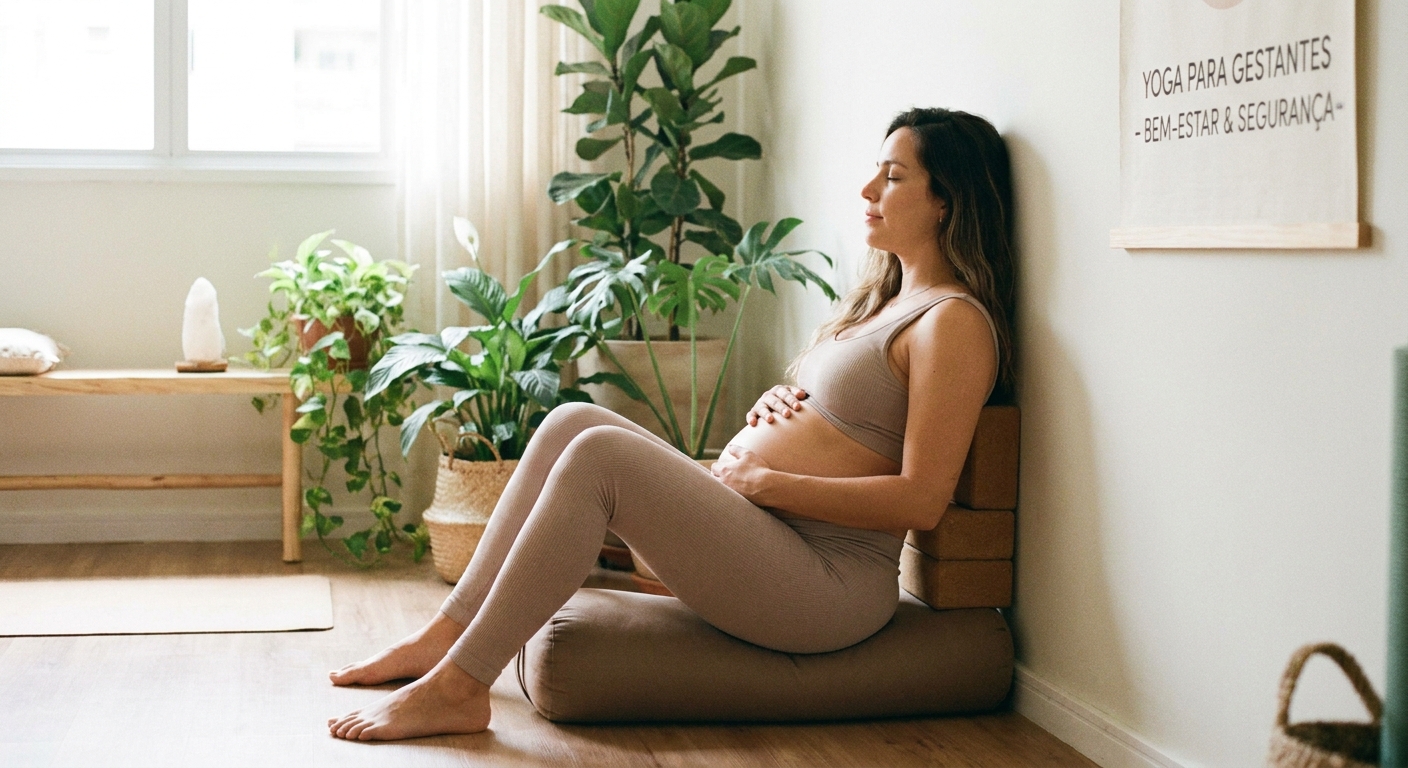 Mulher grávida praticando yoga prenatal em ambiente tranquilo, integrando movimento e meditação.