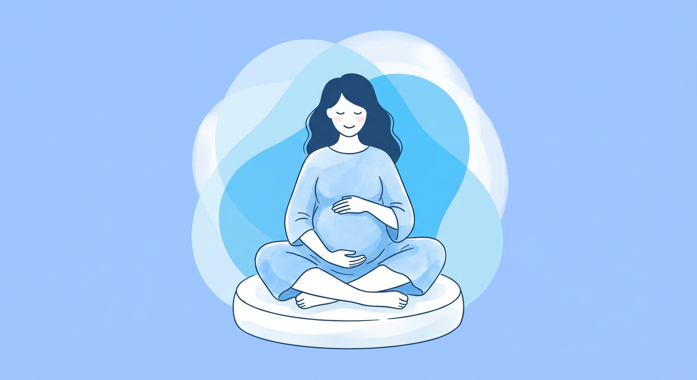 Mulher grávida praticando meditação guiada durante a gravidez em ambiente tranquilo