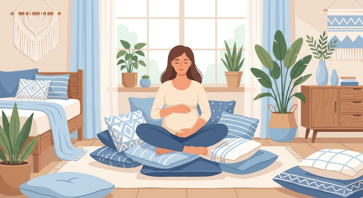 Gestante meditando sentada com almofadas, mãos sobre a barriga, em ambiente tranquilo com luz natural — como meditar na gravidez passo a passo