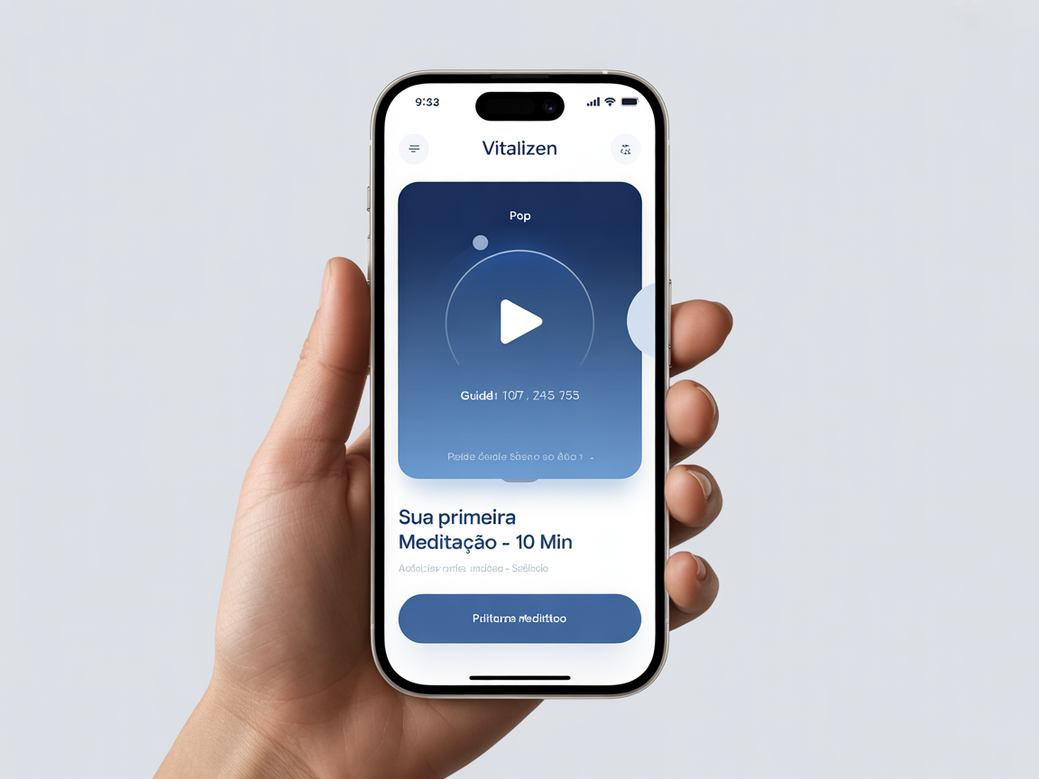 Tela do aplicativo Vitalizen mostrando uma sessão de meditação guiada para iniciantes, com estatísticas de progresso.