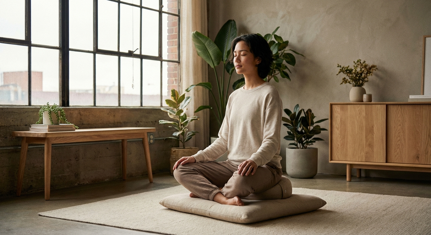 Jovem aprendendo como meditar em casa usando app de meditação Vitalizen