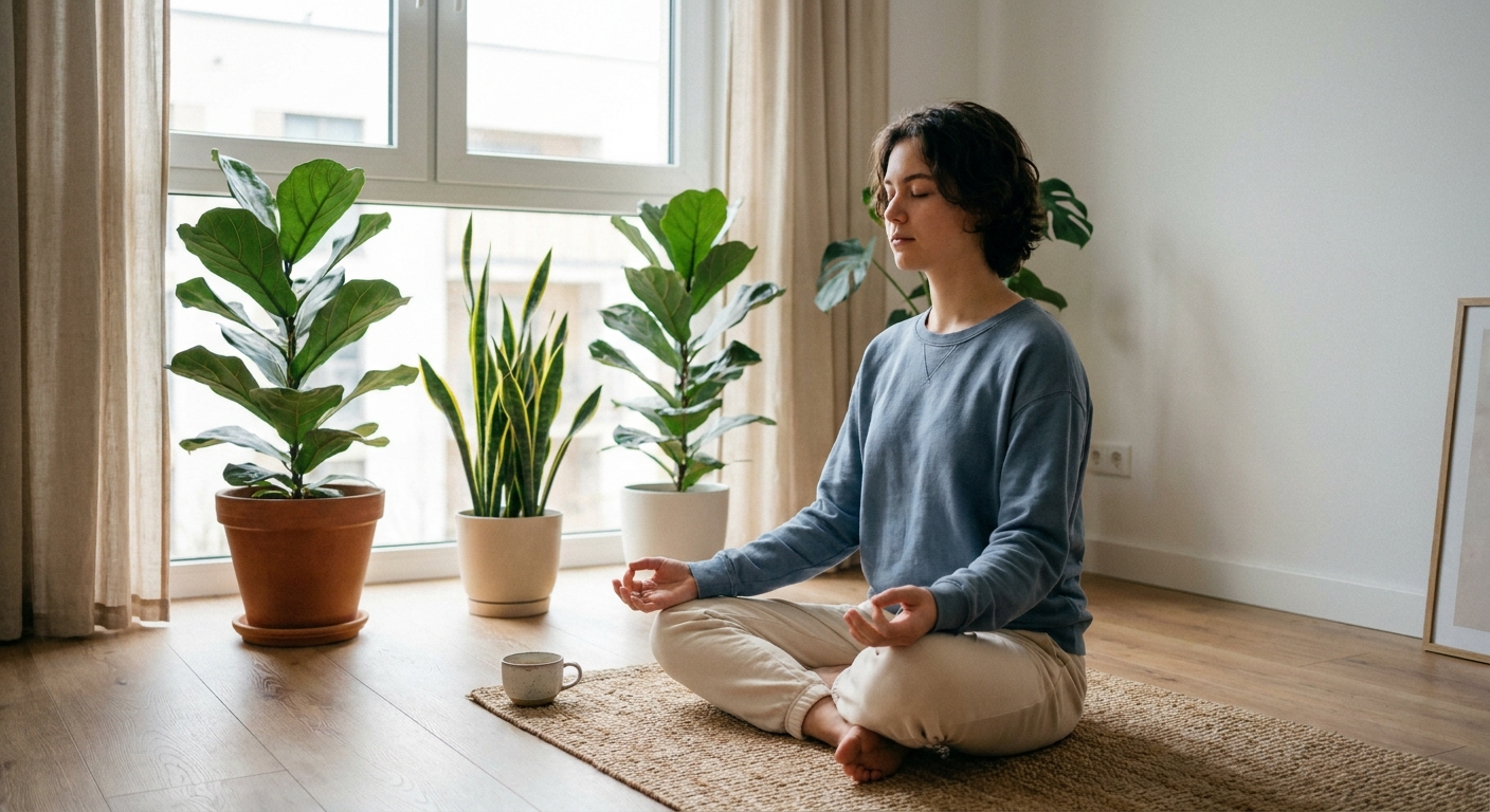 Jovem meditando em ambiente calmo com luz natural, guia de como meditar para iniciantes