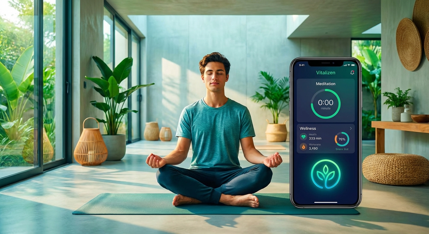 Jovem aprendendo como meditar com o Vitalizen App, um app de meditação para iniciantes.