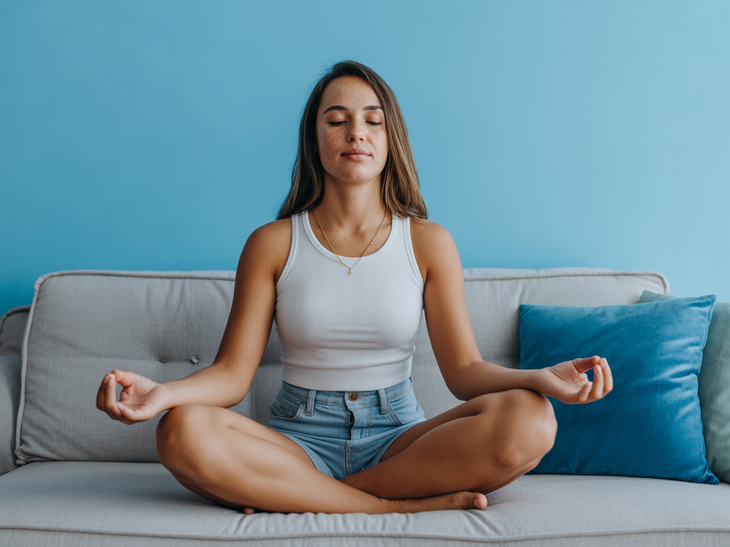 Jovem meditando de forma confortável em casa, representando a meditação para iniciantes.