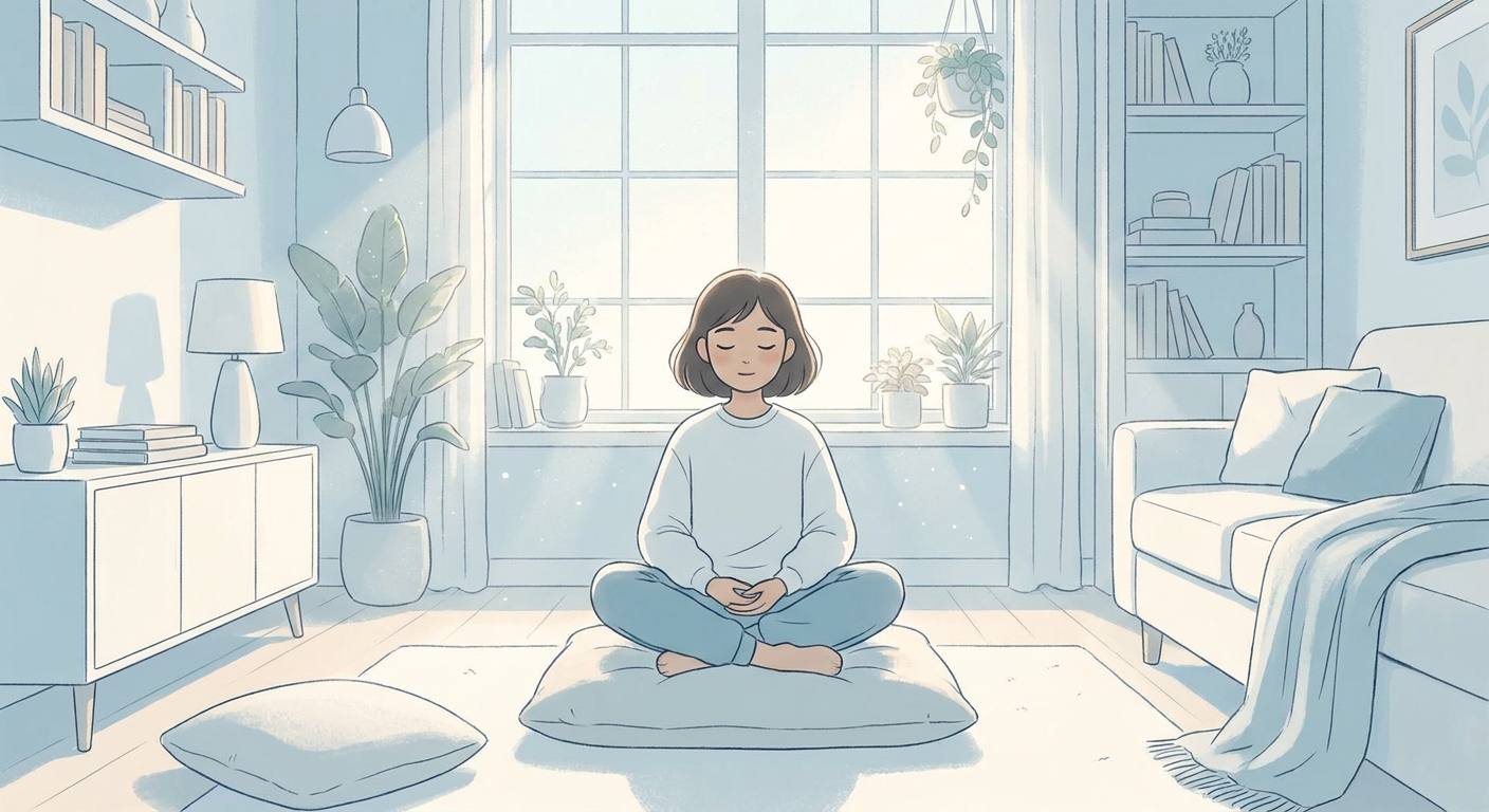 Jovem meditando em ambiente tranquilo com luz suave e tons azulados