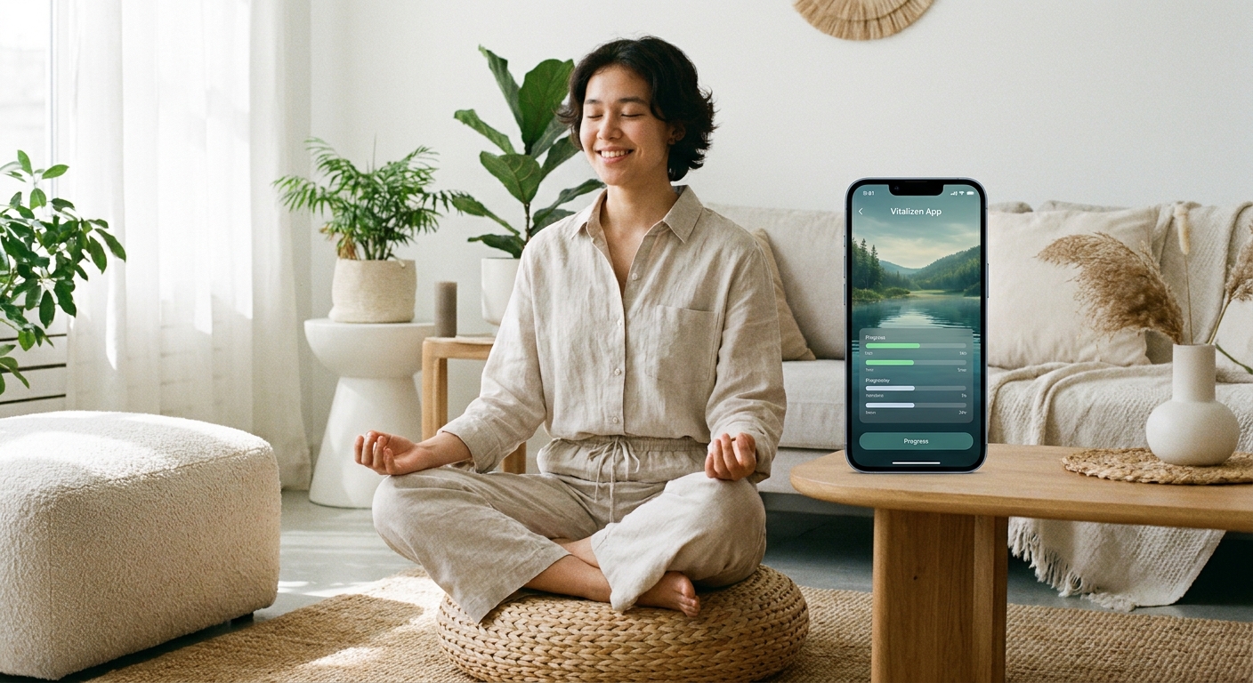 Jovem praticando como meditar em ambiente moderno utilizando o aplicativo Vitalizen para sessão guiada