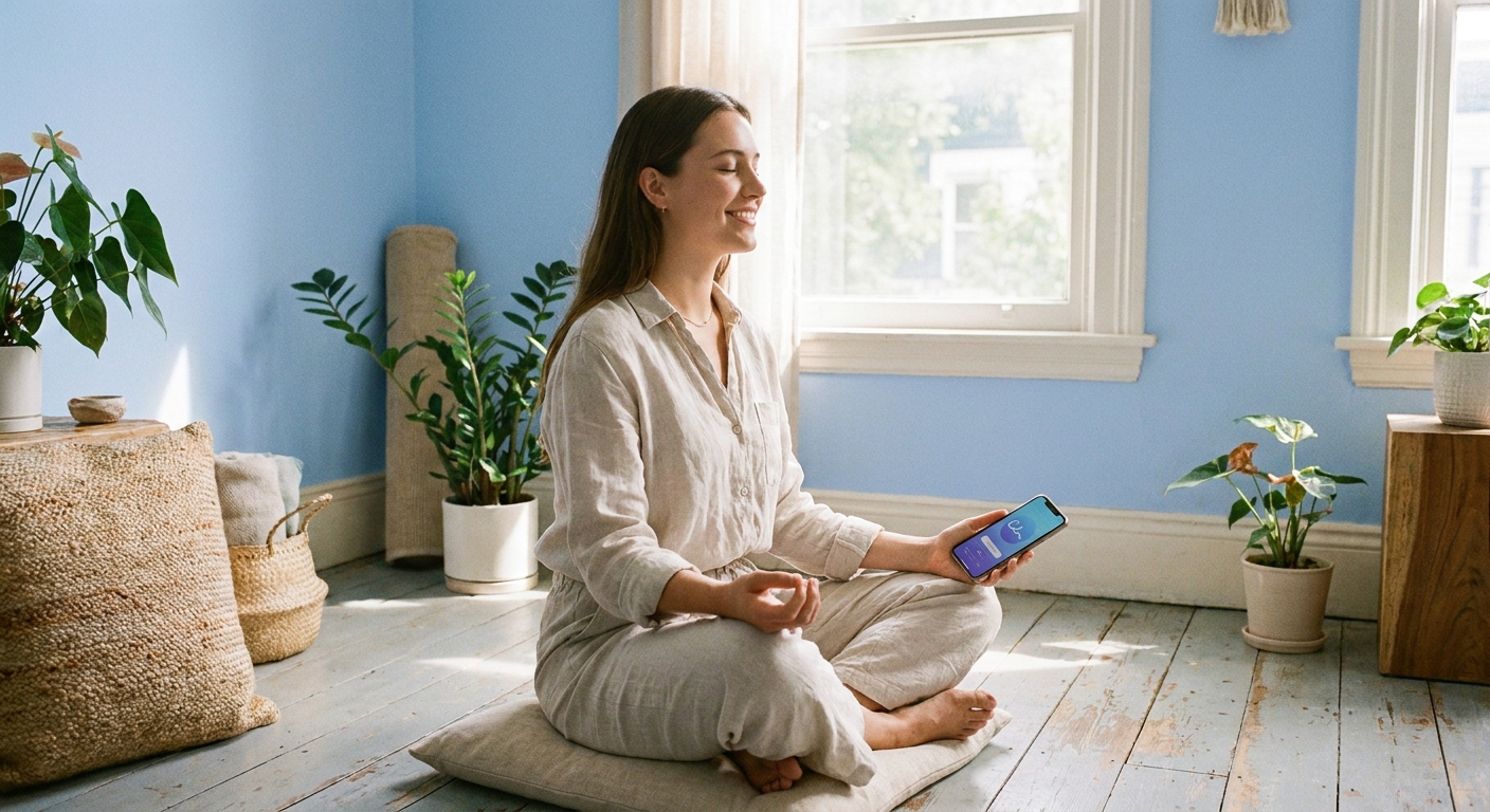 Jovem meditando com o app Vitalizen em ambiente tranquilo