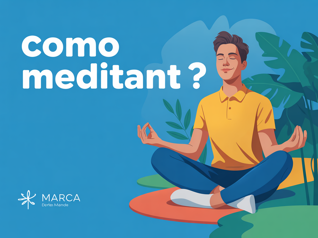 Banner com o texto Como Meditar? e uma jovem meditando em um ambiente moderno e tranquilo, representando a meditação para iniciantes.
