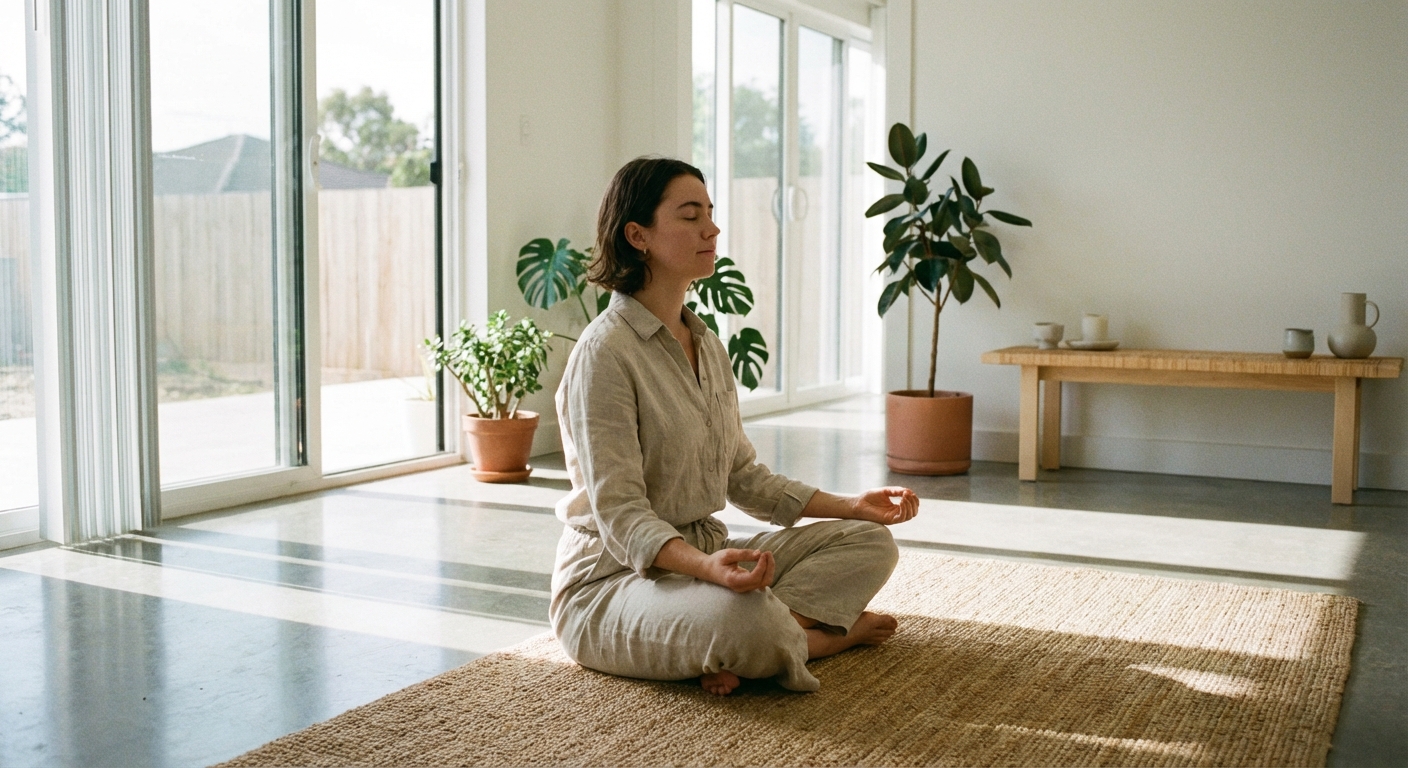 Mulher jovem praticando como meditar em ambiente tranquilo e iluminado, sentada em posição confortável com olhos fechados