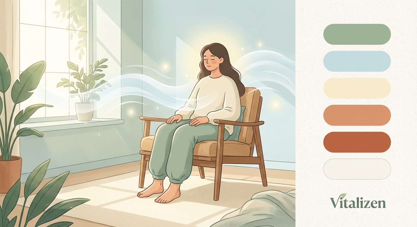 Pessoa iniciante praticando meditação mindfulness em posição confortável, representando calma e bem-estar.