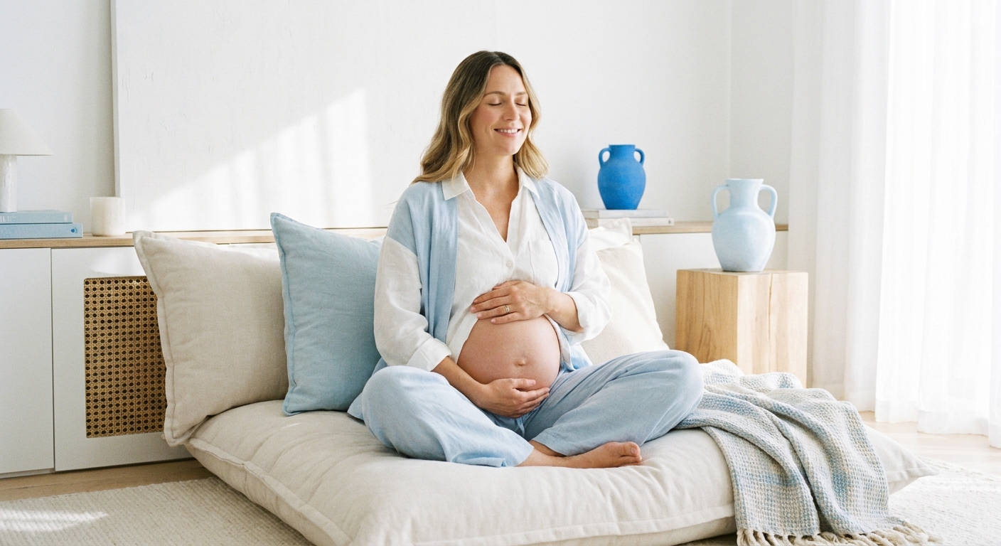 Gestante meditando confortavelmente com as mãos na barriga em ambiente calmo e iluminado – meditação para gestantes