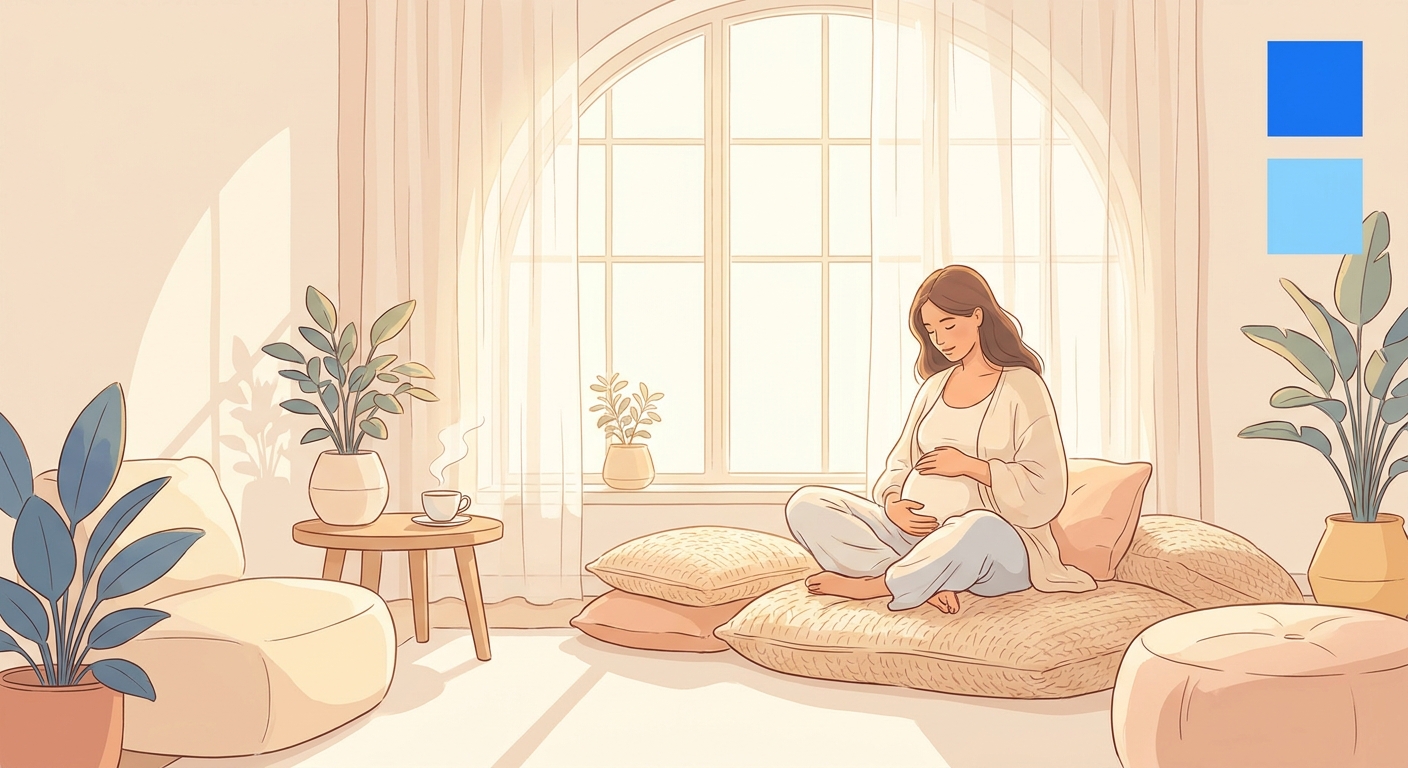 Gestante meditando sentada confortavelmente com as mãos sobre a barriga em ambiente tranquilo com luz natural suave