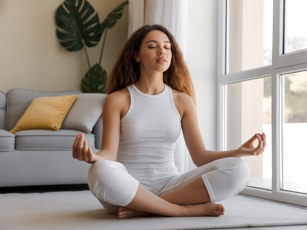 Mulher praticando como meditar em um ambiente calmo e iluminado, demonstrando uma técnica para iniciantes.