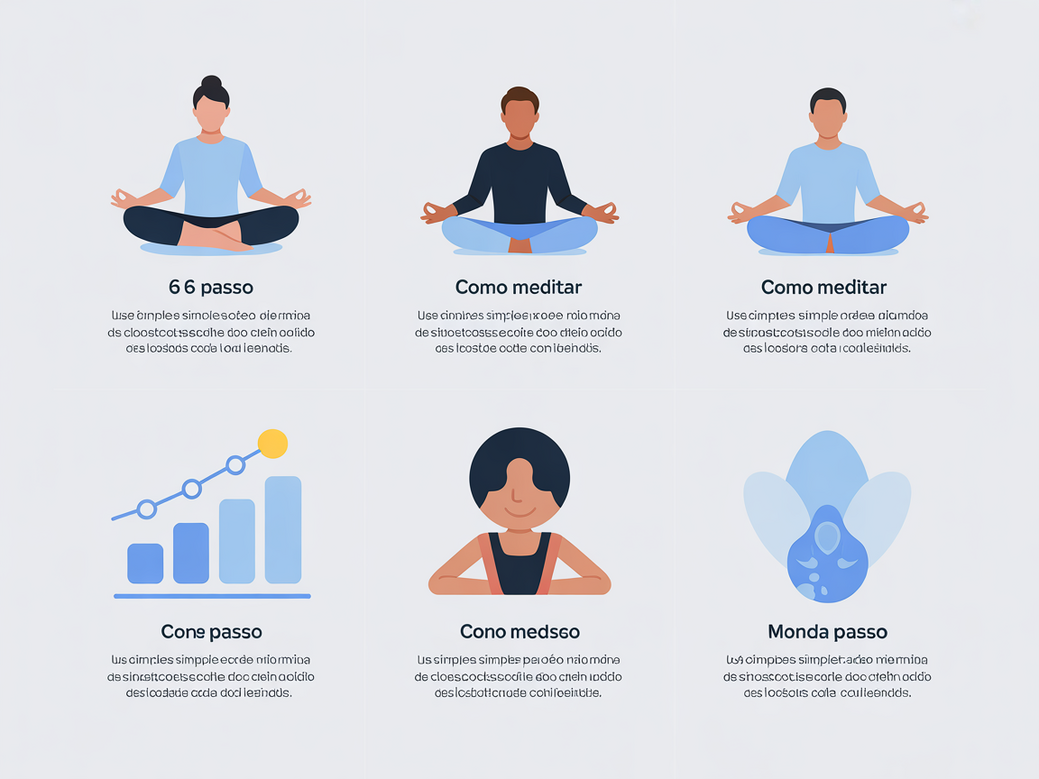 Infográfico com 6 passos de como meditar para iniciantes, mostrando cada etapa visualmente.