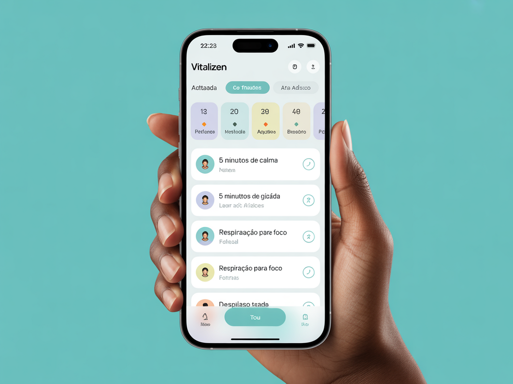 Screenshot do aplicativo Vitalizen mostrando a seção de meditação guiada para iniciantes, com opções de duração.