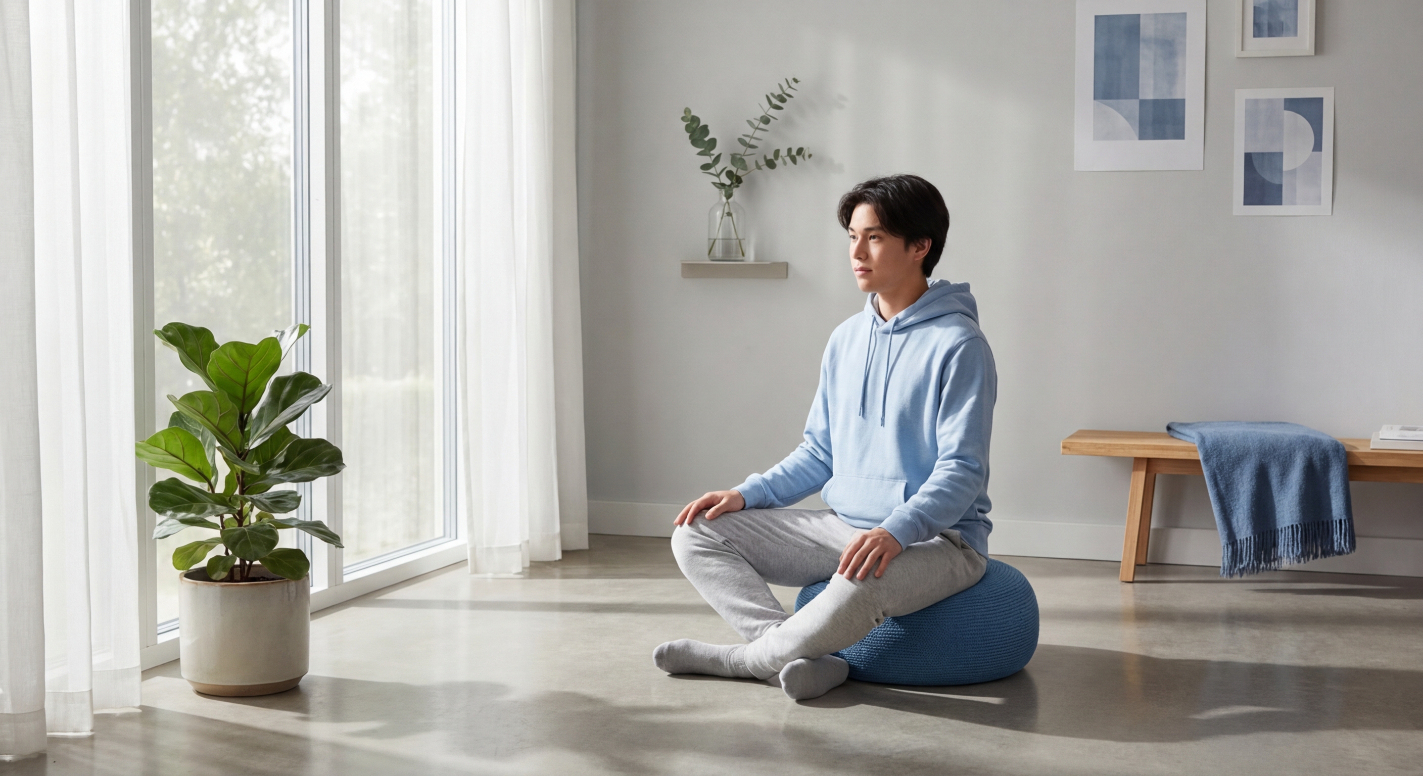 Jovem praticando meditação para iniciantes em ambiente calmo para reduzir estresse