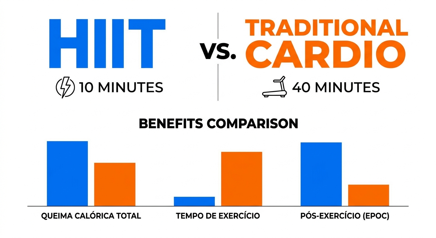 Comparação entre HIIT e cardio tradicional mostrando economia de tempo e benefícios