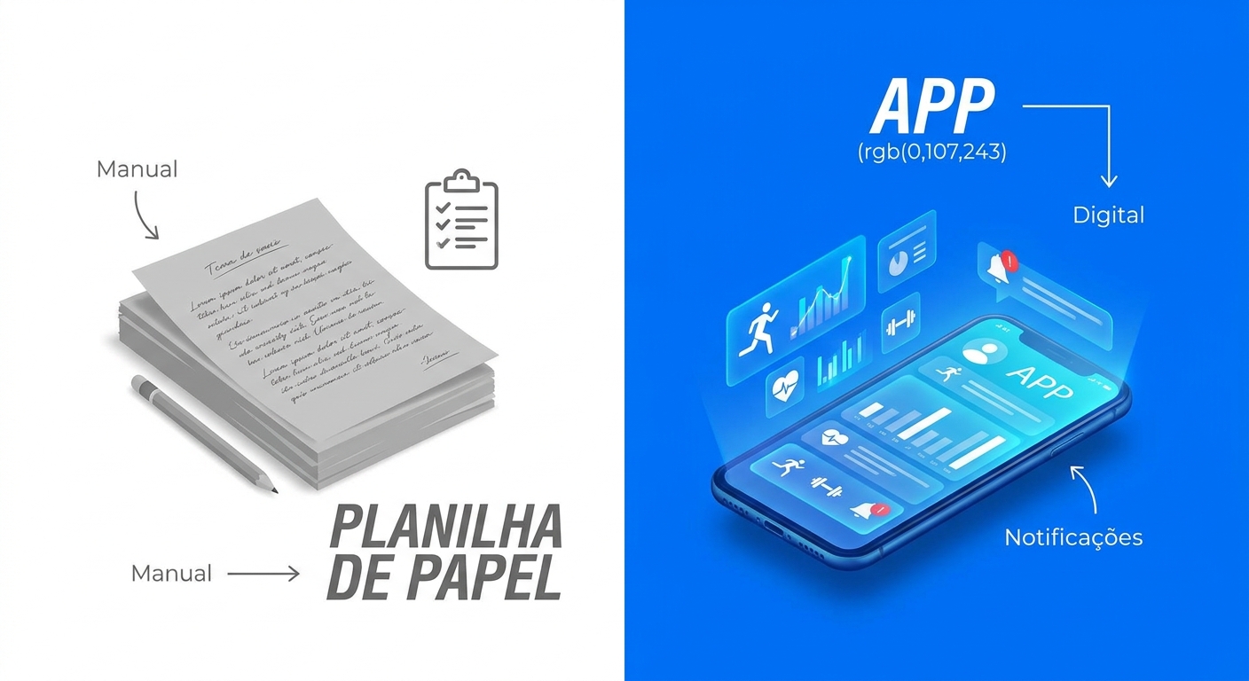 Comparativo visual planilha manual vs app personal trainer Personal Millbody