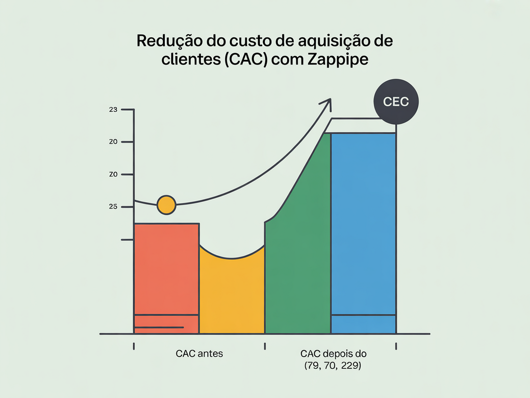 Gráfico comparativo mostrando a redução significativa no Custo de Aquisição de Clientes (CAC) após a implementação do Zappipe.
