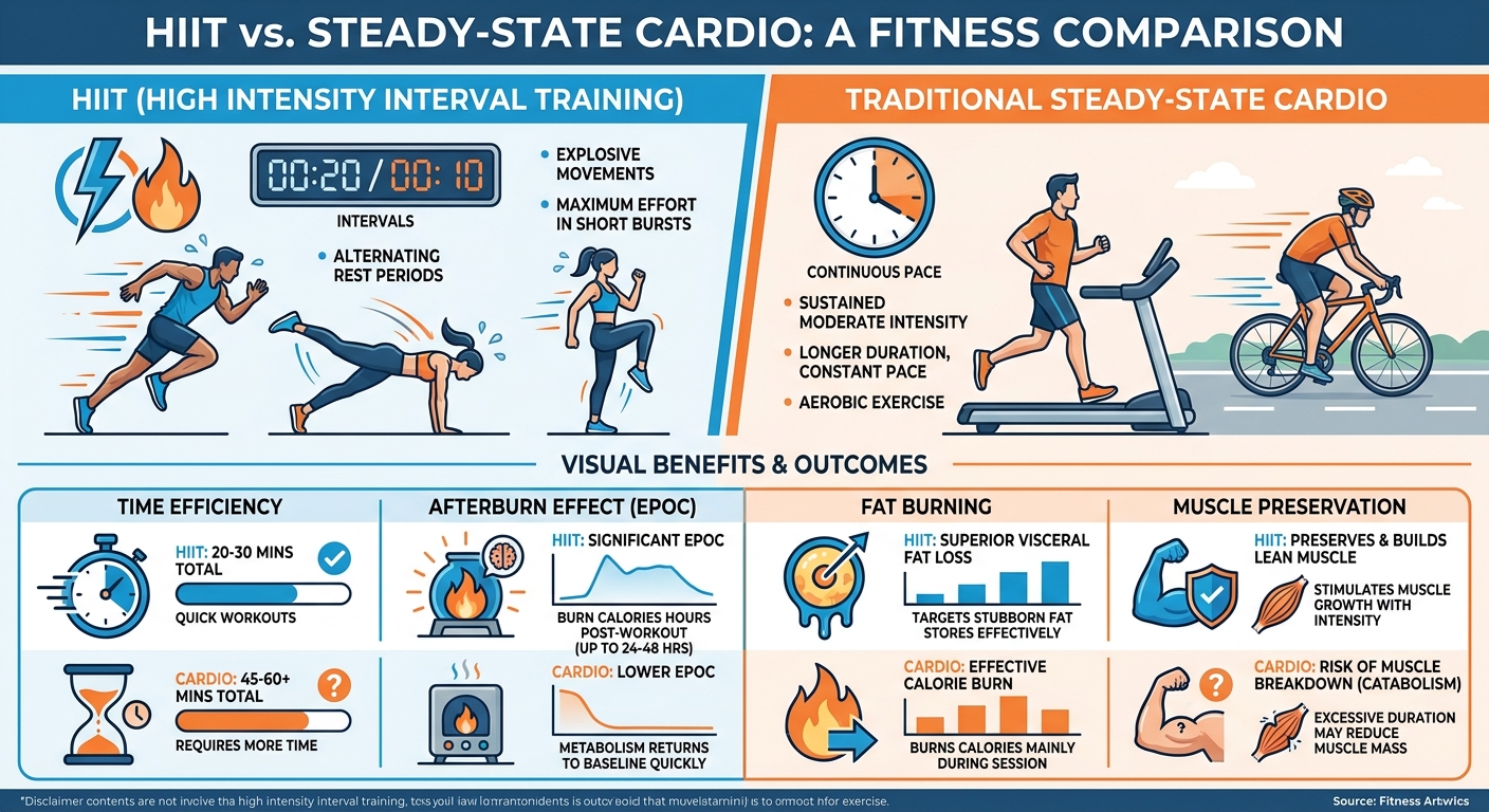 Infográfico comparativo entre HIIT e cardio tradicional: benefícios, tempo e resultados