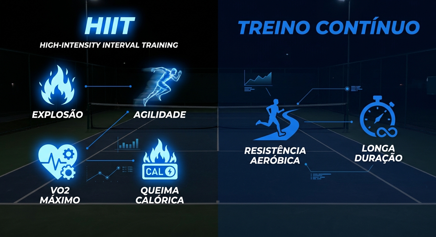 Tabela comparativa entre HIIT e Treino Contínuo mostrando benefícios para tênis de quadra com identidade visual Personal Millbody