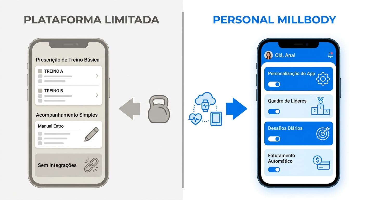 Infográfico comparativo: Personal Millbody (completo) vs ferramentas que só prescrevem treinos