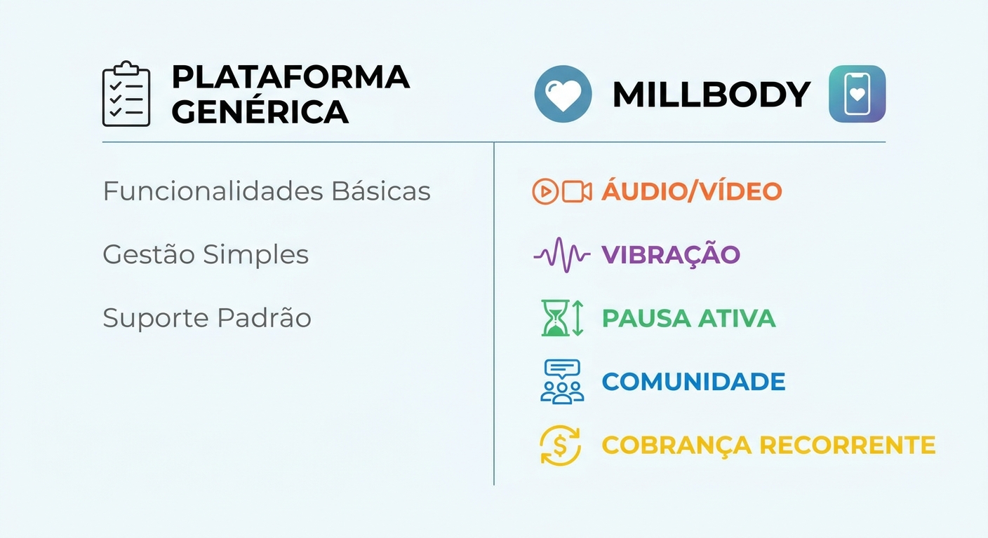 Infográfico comparando plataforma genérica sem identidade versus Personal Millbody com app white label, cobrança automática e comunidade privada