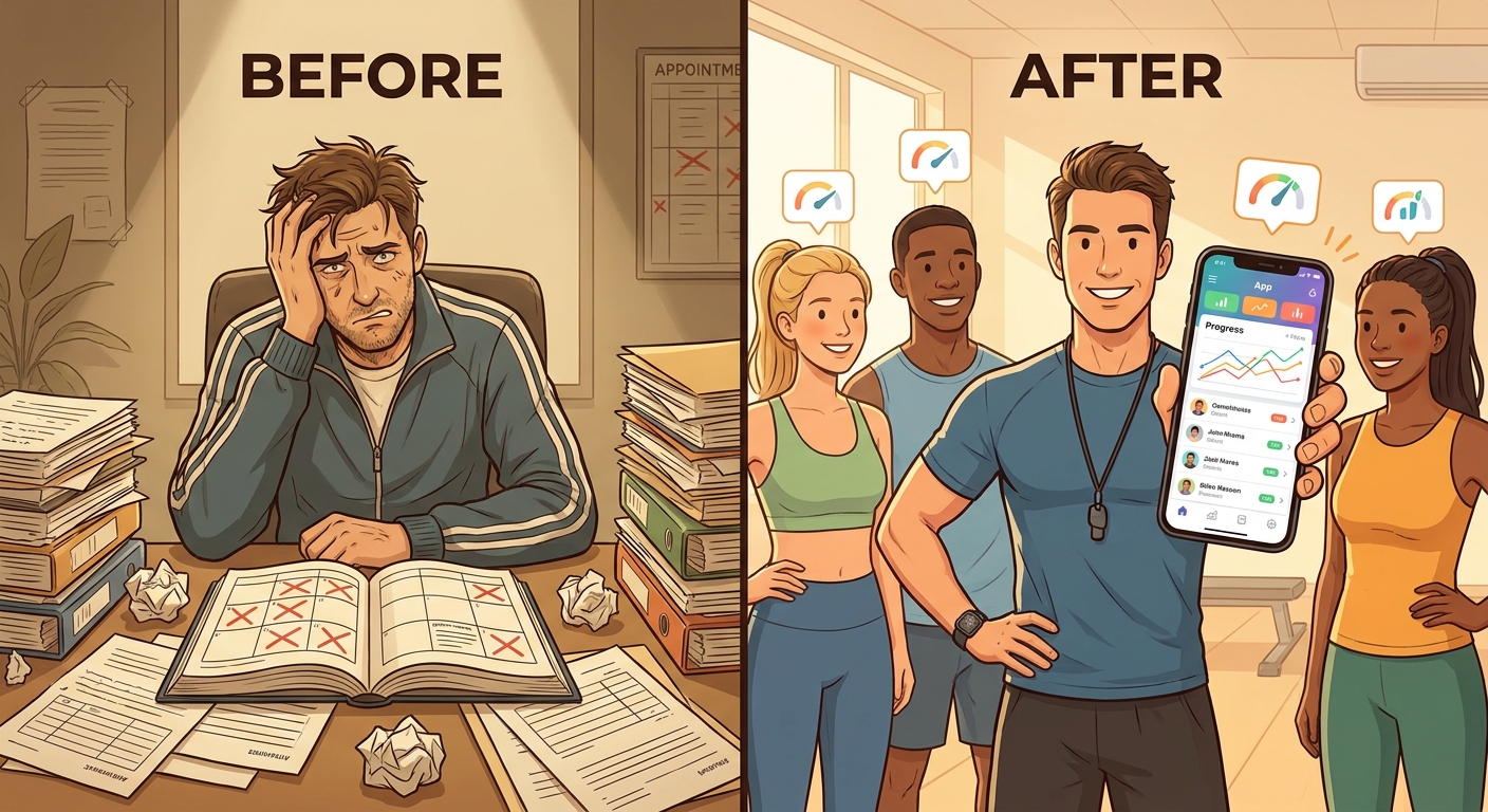 Antes e depois: o poder de uma plataforma completa para personal trainer Comparativo entre profissional limitado a prescrever treinos versus profissional que utiliza plataforma completa Millbody