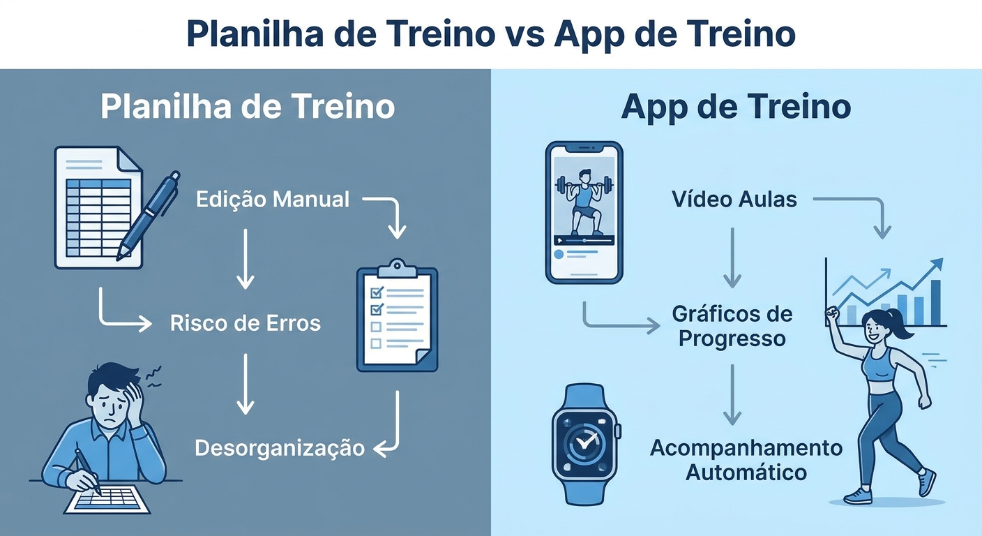 infográfico comparativo planilha vs app de treino para personal trainer mostrando diferenças de tempo, engajamento e profissionalismo