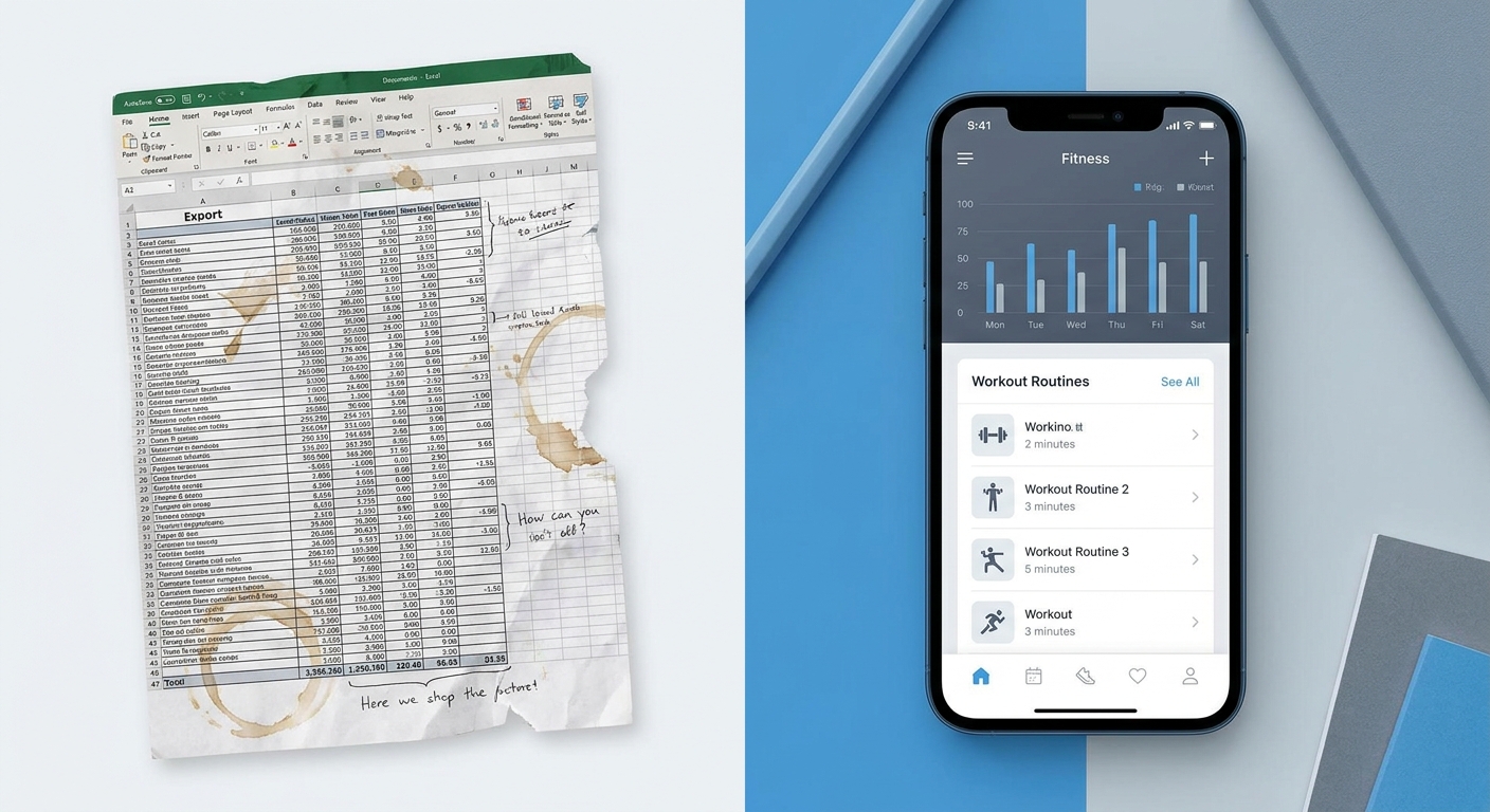 Comparativo entre planilha de Excel amassada e app moderno de treino Personal Millbody