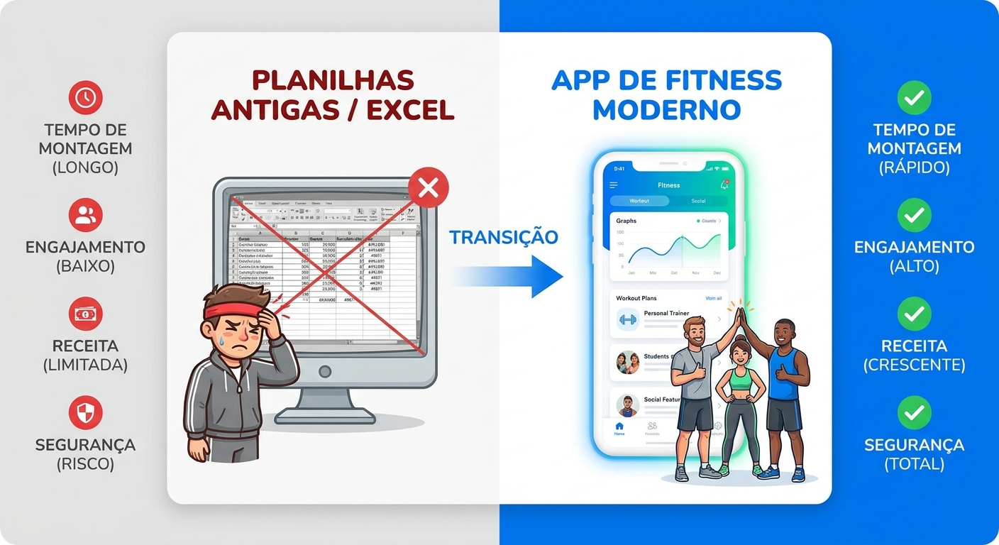 Infográfico comparativo entre planilha de treino e app para personal trainer