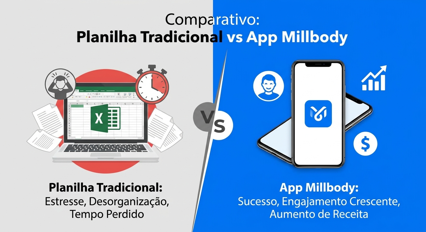 Comparativo entre planilha tradicional e App Millbody para personal trainer - infográfico profissional