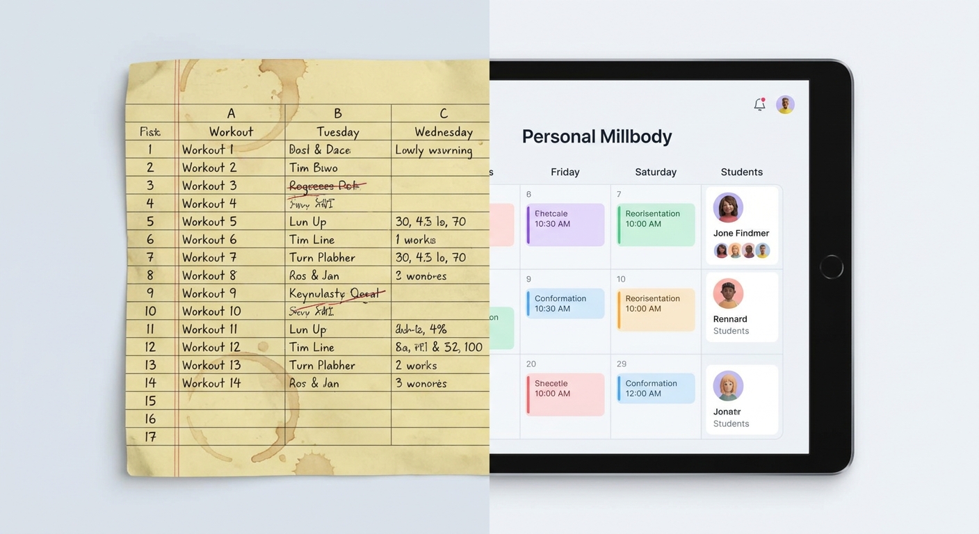 Comparativo entre planilha de papel com anotações e app Personal Millbody mostrando grade de horários e gestão de alunos