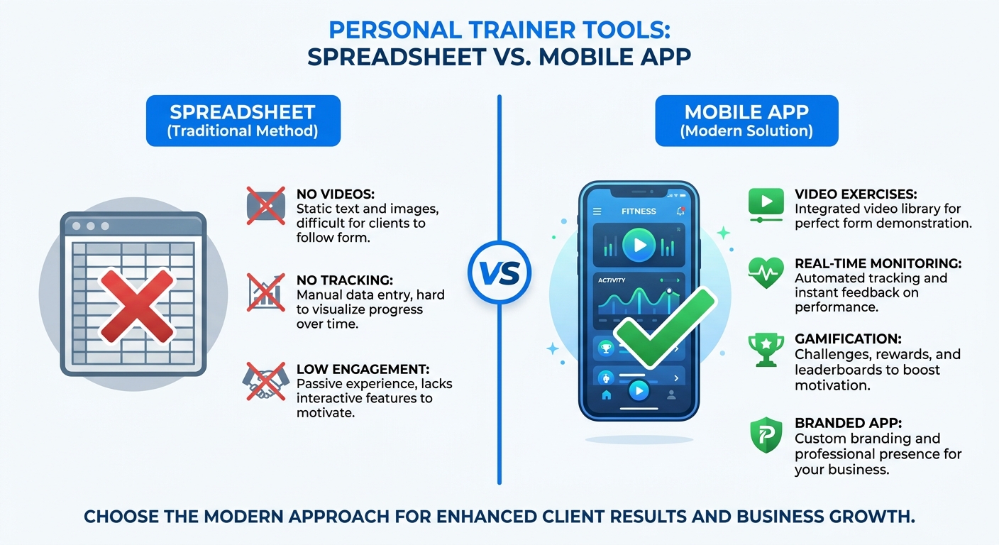 Infográfico comparativo entre planilha de treino e app para personal trainer mostrando vantagens em vídeos, acompanhamento, personalização e engajamento