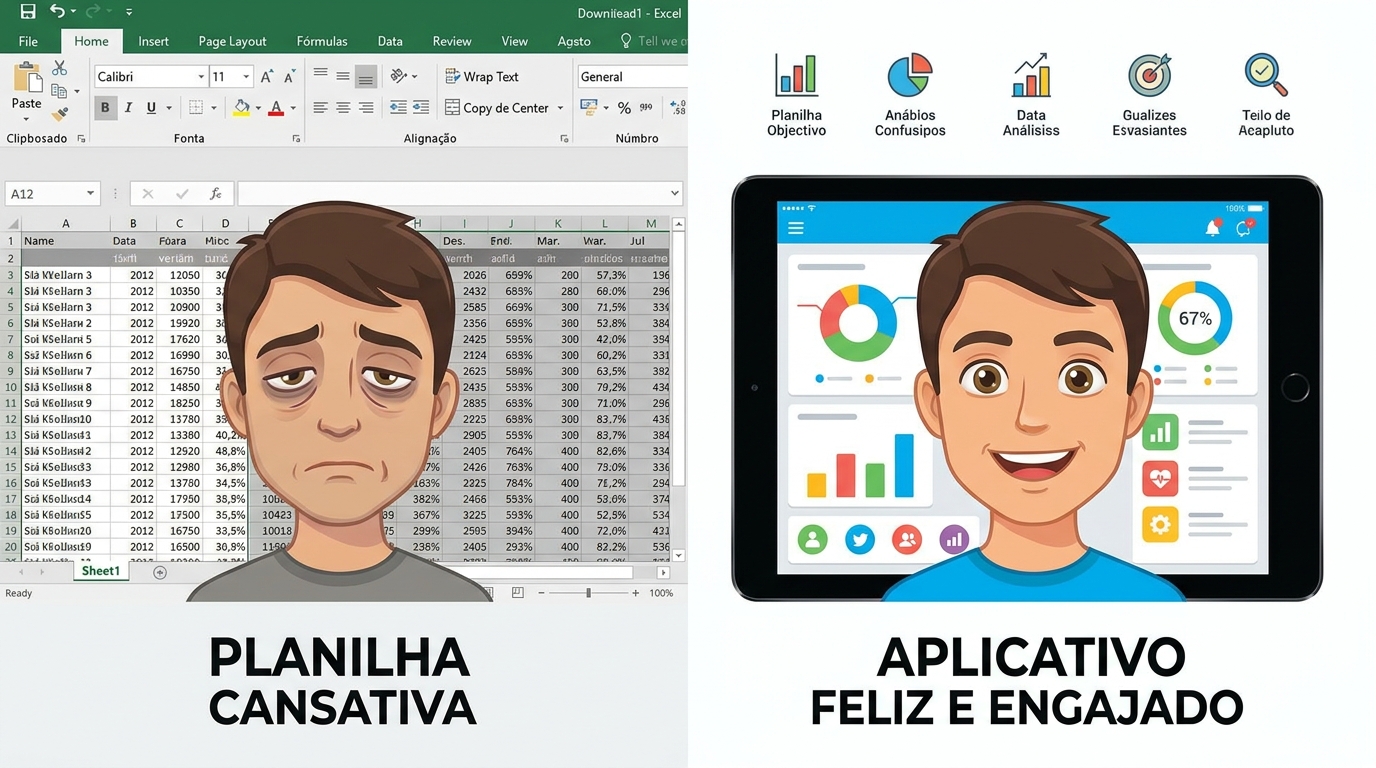 Comparativo visual entre planilha de Excel sem graça e aplicativo moderno e engajador para personal trainer