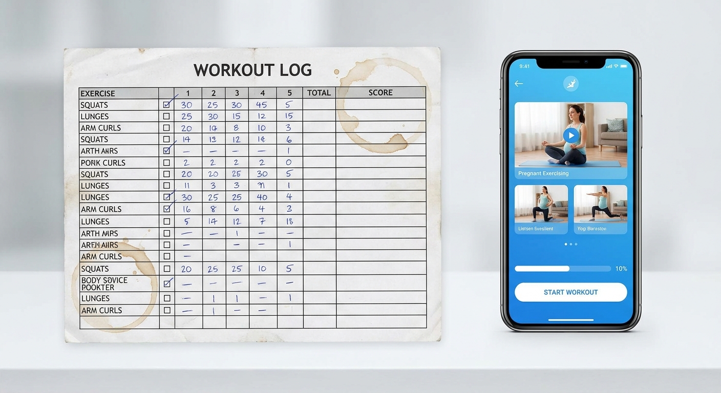 Comparativo entre planilha de papel e app de treino para gestantes no celular