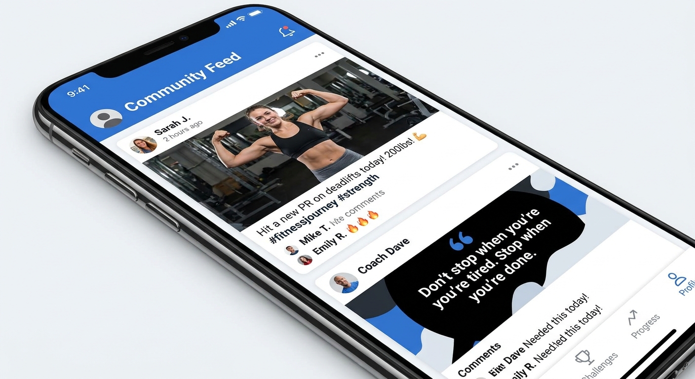 Comunidade de alunos no app Personal Millbody Comunidade privada de alunos interagindo dentro do app Personal Millbody para personal trainers